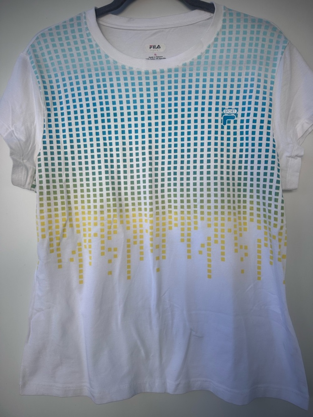 FILA White Tee with Blue, Green & Yellow Pixel Grid